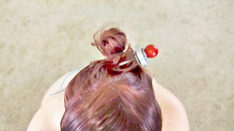 Horny BBW with cherry bun hairstyle in teasing solo pose, bare back view