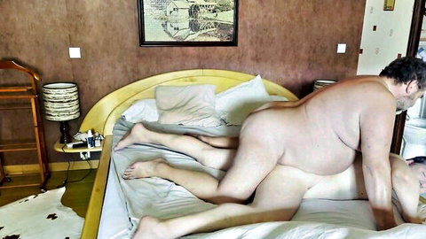 Chubby hairy DILF fucking naked guy missionary style on bed