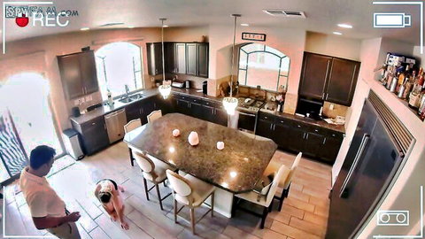 Naked blonde babe crawls on all fours in kitchen exposing pink pussy and ass while black man holds leash