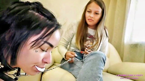 Pamela trains pathetic bitch in BDSM foot licking session, dominant woman with chains