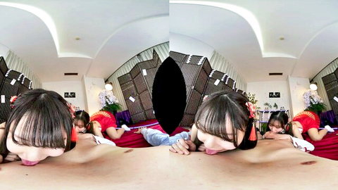 Two petite Asian women in steamy VR threesome oral action