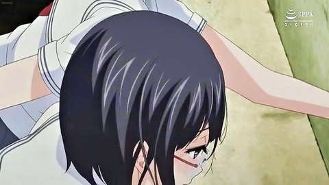 Hentai schoolgirl with glasses and short black hair in sailor uniform looking surprised at viewer