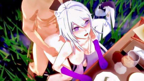 White-haired hentai babe bent over table with bare ass grabbed by nude guy fucking her doggystyle