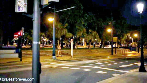 MILF in hot public nudity walking sensually outdoors at night