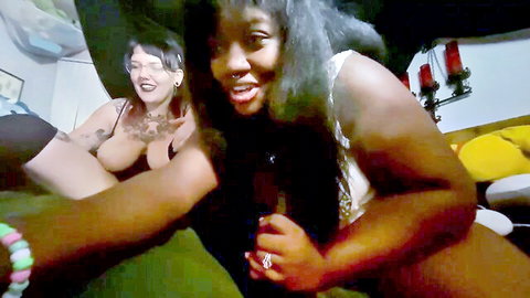 Busty ebony babes smiling as tattooed girlfriend gropes big tits in sexy lingerie webcam tease