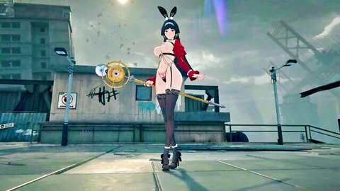 3D CGI bunny girl with exposed huge tits and shaved pussy posing seductively on urban rooftop