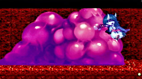 Blue furry wolf girl emerging from purple slime goo in solo video game hentai bondage