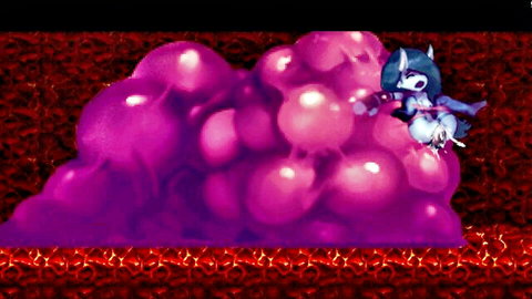 Anime blue-haired fox girl perched on giant purple grapes, hentai style