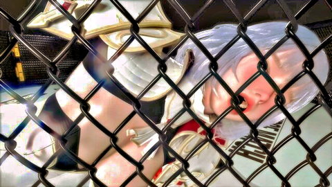 Defeated blue-haired anime girl in skimpy fantasy armor inside fighting cage