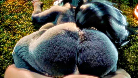 Close-up of blue furry babe's massive spread ass cheeks exposing tight pink hole on grass