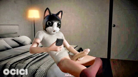 Futanari cat girl in black and white mask sits bottomless on bed exposing hard cock while holding phone