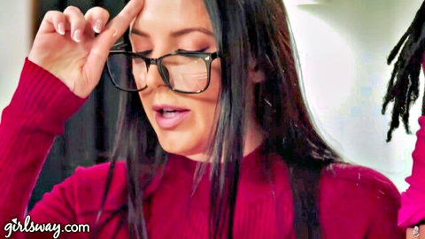 Kira Noir tempts busty shy assistant in glasses and red sweater