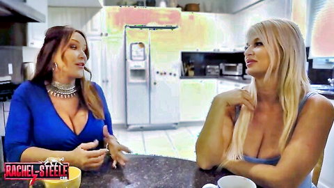 Rachel Steele and London River busty MILFs chatting with deep cleavage