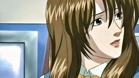 Anime schoolgirl with long brown hair in uniform, seductive gaze
