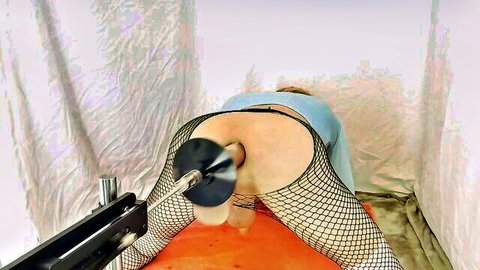 Fishnet sissy bent over taking thick black dildo deep in ass from fucking machine