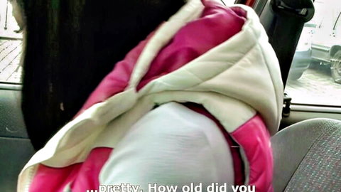 Unemployed Monika in pink puffer jacket in car, pretty young woman asking age