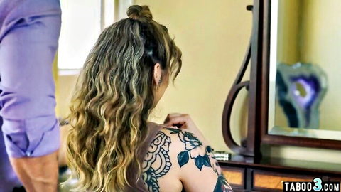 Tattooed wife in bedroom with husband, teasing double penetration scene