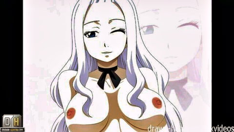 Busty white-haired anime babe exposing massive tits with pink nipples seductively