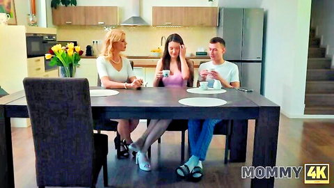 Lynna Nilsson in teasing FFM kitchen flirt with young stud and brunette