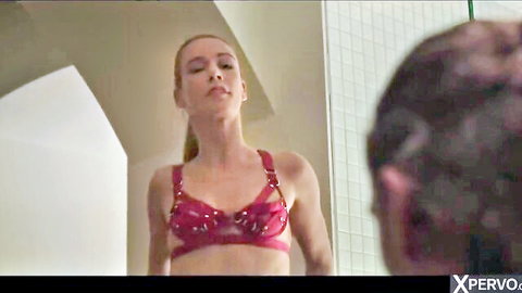 Marcello Bravo with athletic blonde in red harness lingerie, rough XXX preview