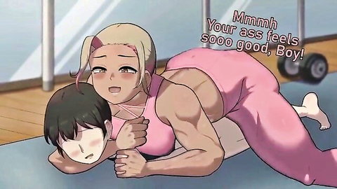 Muscular blonde futa dominating femboy in pink leotard, anal worship