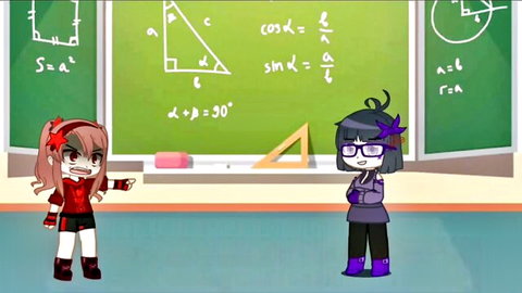 Angry redhead cartoon teen points finger at sexy purple-haired teacher in trigonometry classroom