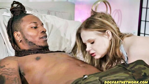 Petite blonde teen sucking massive black cock in interracial blowjob