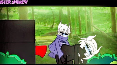 Cartoon white furry characters in purple cloaks intimately posing in lush green forest comic panel