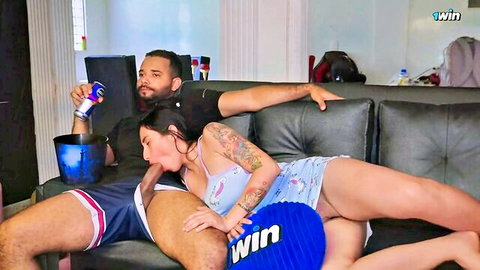 Jenifer Play gives stepsister blowjob on couch while watching movie