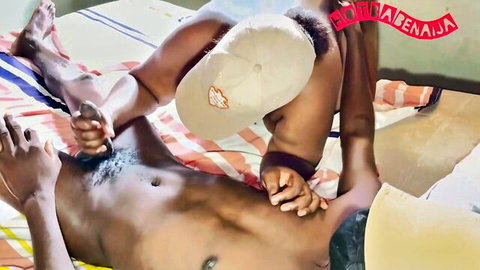 Muscular black men in intimate handjob scene with cleaner