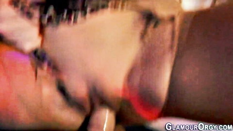 Glam hook-up stunner with cum dripping from mouth after blowjob