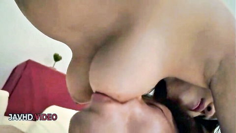 Nude Japanese babe with huge hanging tits passionately kissing man upside down