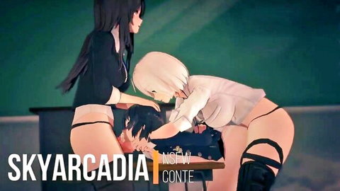 Two curvy anime schoolgirls bent over desk with asses out as black-haired guy fucks their pussies doggystyle in hentai threesome
