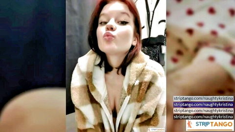 NaughtyKristina pouts in open plaid fur coat revealing deep cleavage