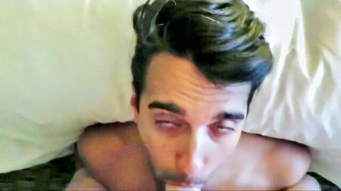 Handsome daddy deepthroating fat cock in bed, intense gay oral