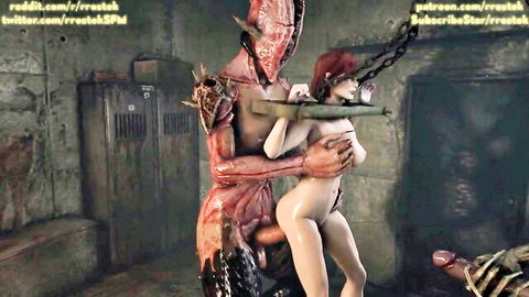 Monstrous red alien creature grips chained nude redhead babe, cock teasing her exposed pussy in rough monster sex.