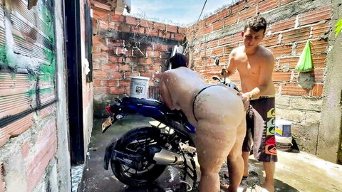 Big booty babe in tiny black thong bent over motorcycle with huge wet ass exposed outdoors