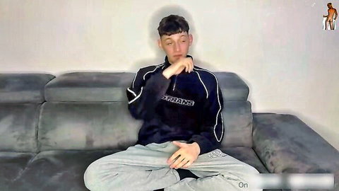 Sexy amateur twink boy in casting, hand in sweatpants, gay porn tease
