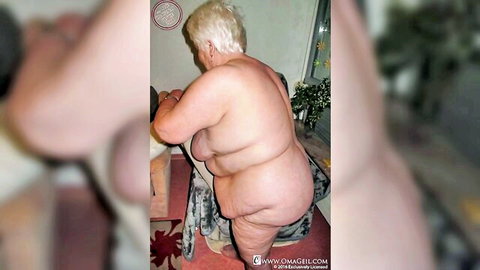 Naked obese granny BBW bending over chair showing massive hanging ass and belly
