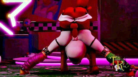 Red animatronic foxes in explicit stacked penetration pose, stockings and bondage gear