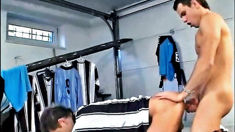 Horny athletic friends in soccer jerseys in gay locker room sex
