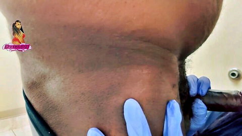 Blue gloved ebony hands stroking thick black cock up close POV
