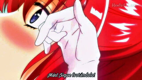 Seductive red-haired hentai girl with blue eyes, close-up tease