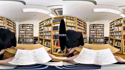 Japanese woman in black dress bends over book in VR POV library fantasy