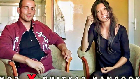 Alexa Tomas in Spain casting interview, smiling with male host in casual attire