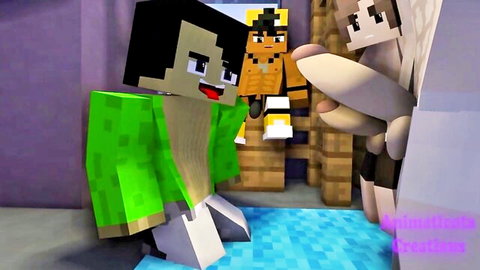Minecraft guys in gay handjob with one grabbing big cock bulge through pants