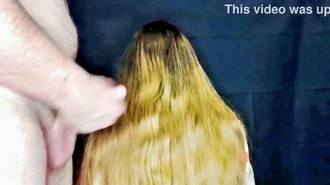 Man rubs erect cock on stepmom's long blonde hair in taboo scene