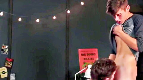 Joey Mills shirt lifted by friend, teasing bare back reveal