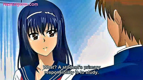 Japanese hentai schoolgirl in tight sailor uniform looks surprised talking to boy about studying