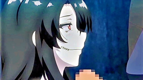 Anime hentai girl with stitched Frankenstein mouth red eyes seductive side gaze